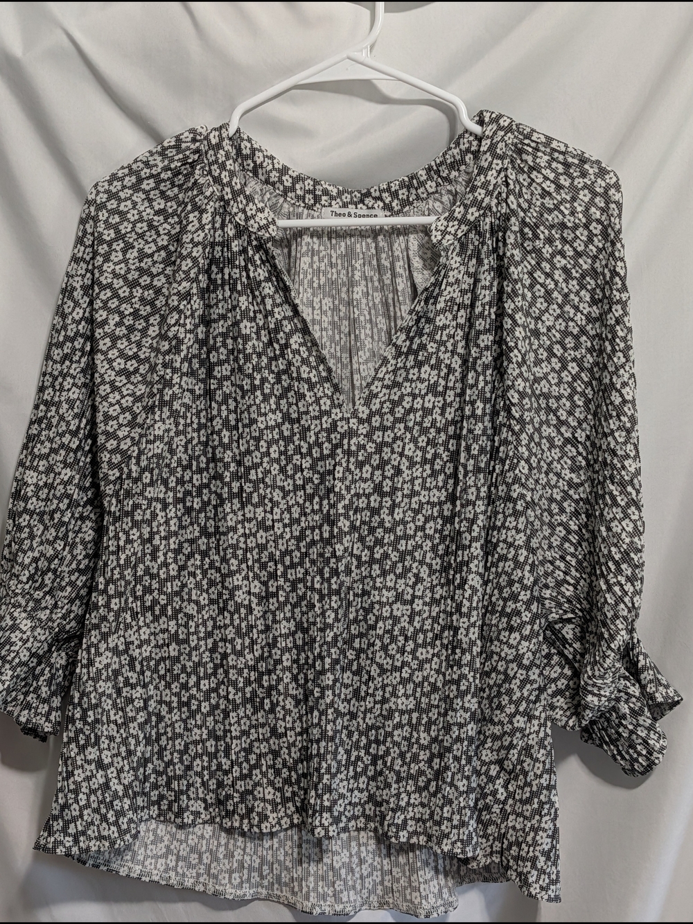 Black Floral Pleated V-Neck Blouse by Theo & Spence